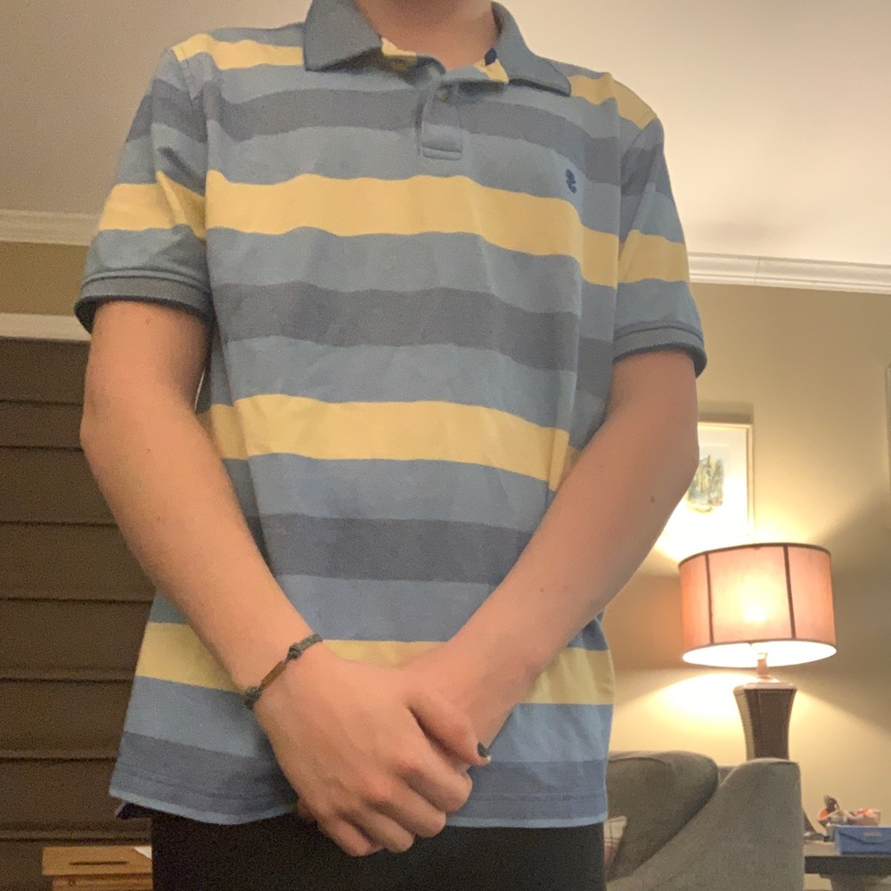 Blue and cream striped, Large collared shirt